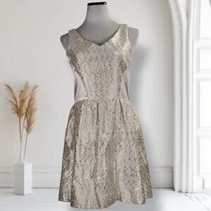 Kirribilla Coreen Champagne Metallic Mini Dress Size 8 Wool Silk Cocktail Bridal